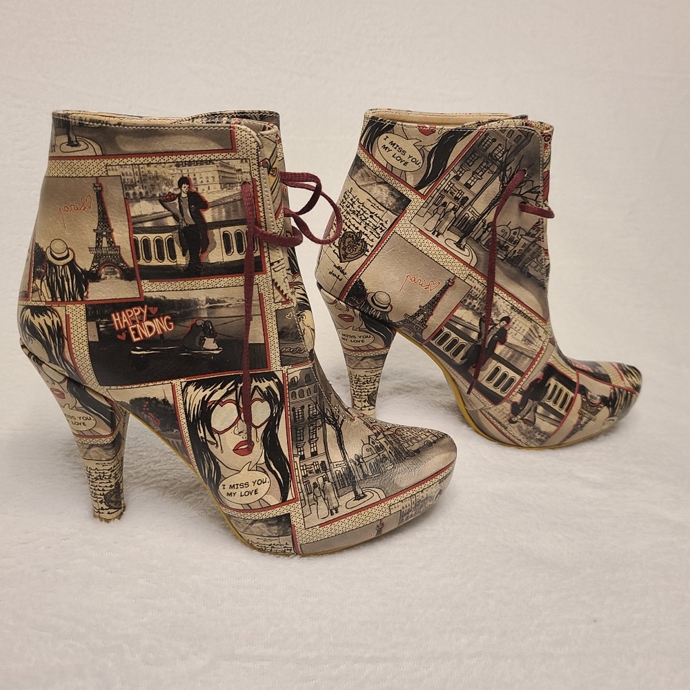 DOGO Vegan Leather Comic Print Lace-Up Ankle Boots | EU 36 | 4" Heels - Picture 6 of 9